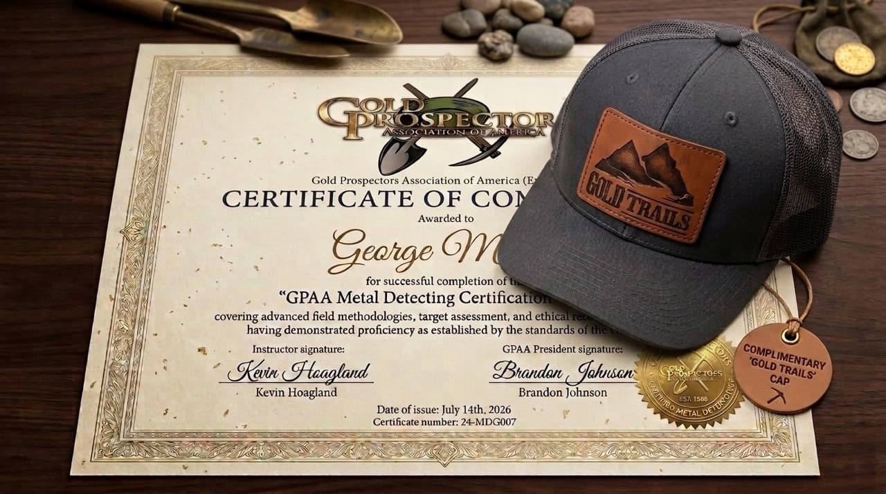 GPAA Metal Detecting Certificate and Gold Trails hat